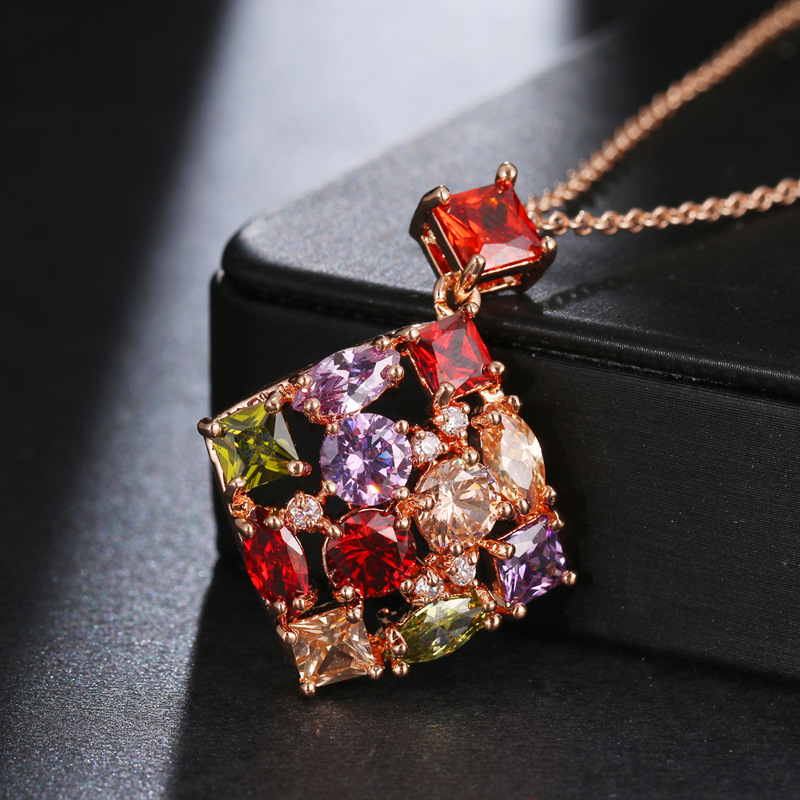 Mona Lisa square pendant necklace copper set colorful zircon gorgeous jewelry