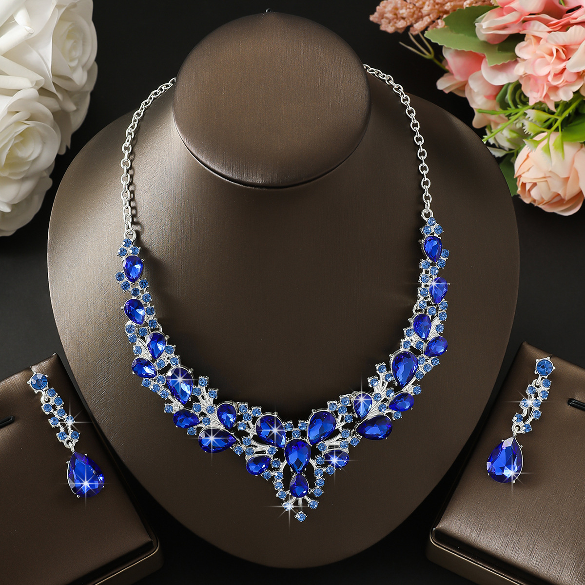 Jewelry Set Colorful Flower Teardrop Pendant Necklace Earrings Two-Piece Wedding Accessories