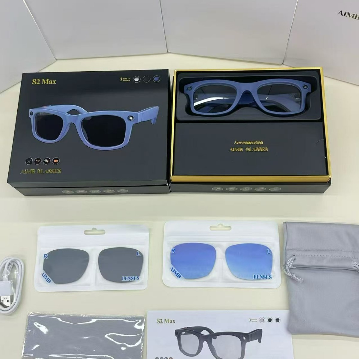 AIMB-S2max smart glasses support fast charging 500W pixel translation photo video recording Bluetooth call