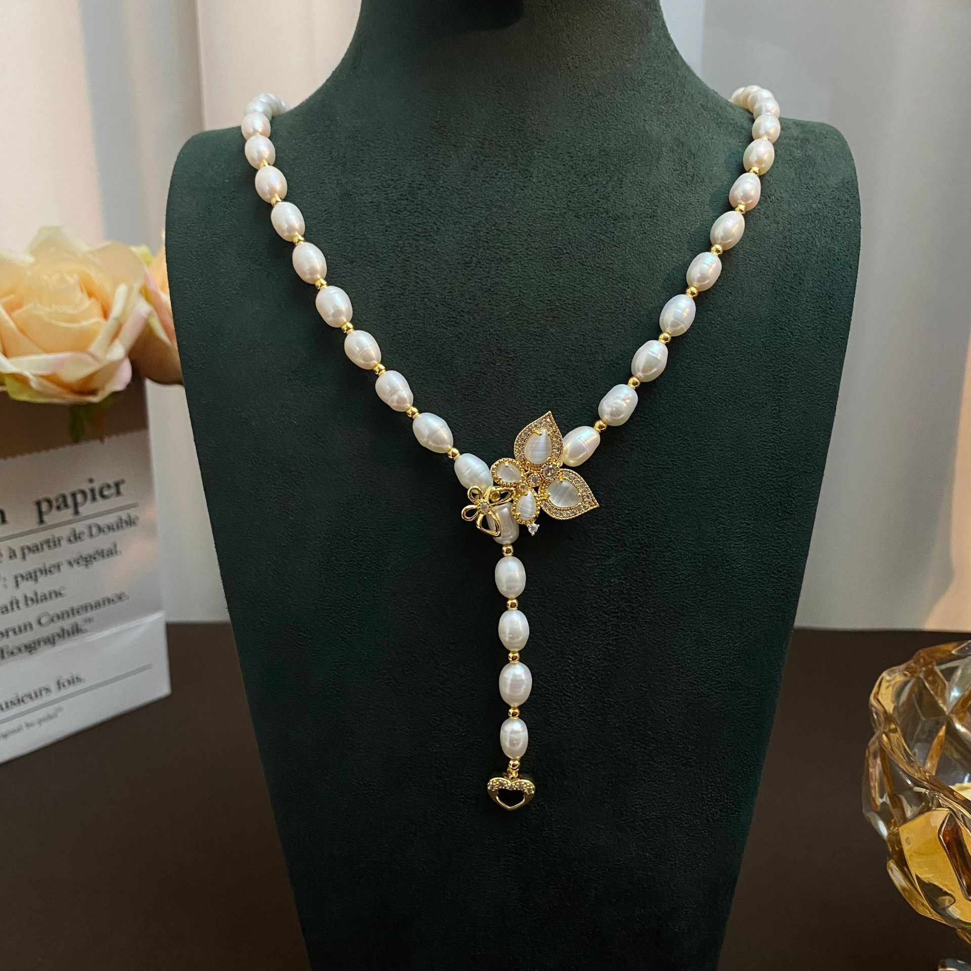 7mm natural pearl necklace long sweater chain, Zhuji freshwater pearl butterfly necklace, collarbone chain