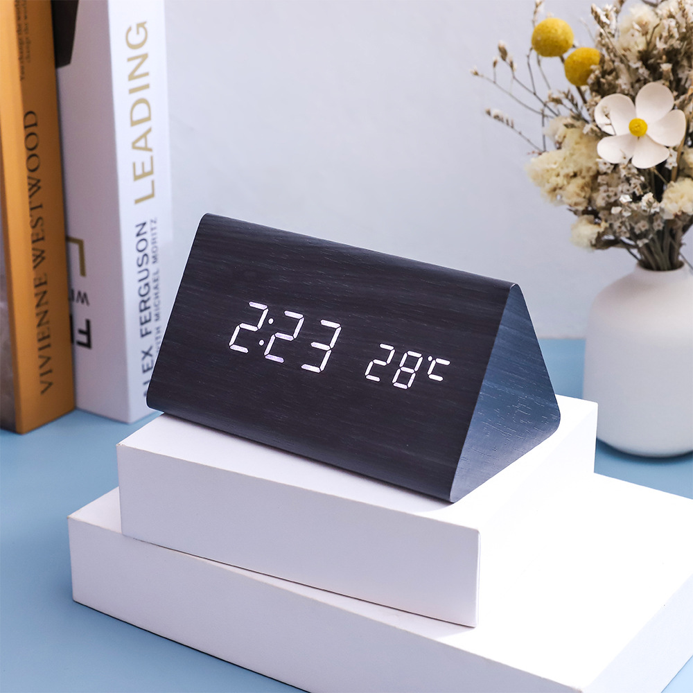Alarm clock wooden student smart clock, silent bedside night light electronic clock, wake-up desktop children's wooden clock