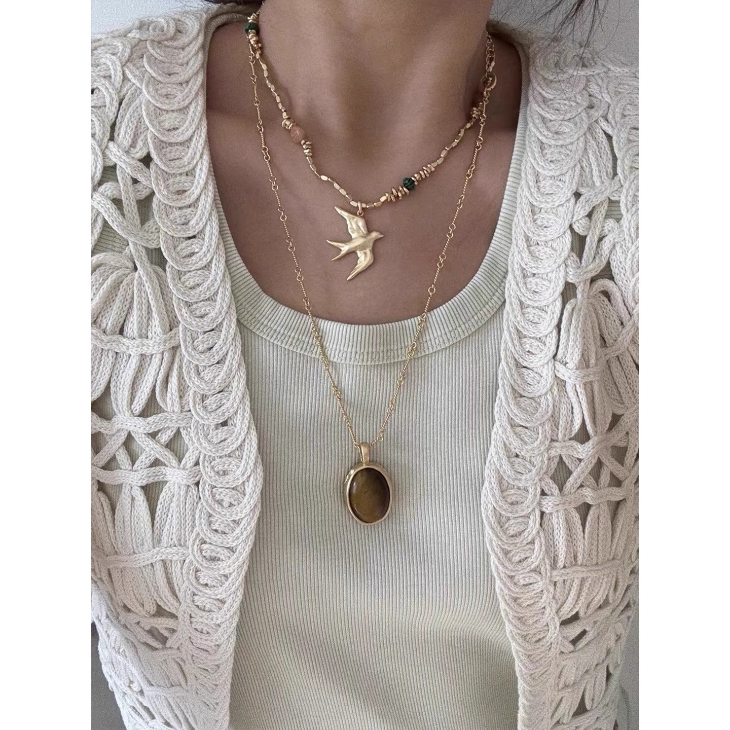 Exclusive Beaded Stone Feiyan Pendant Necklace Women Niche Summer New Long Necklace Sweater Chain
