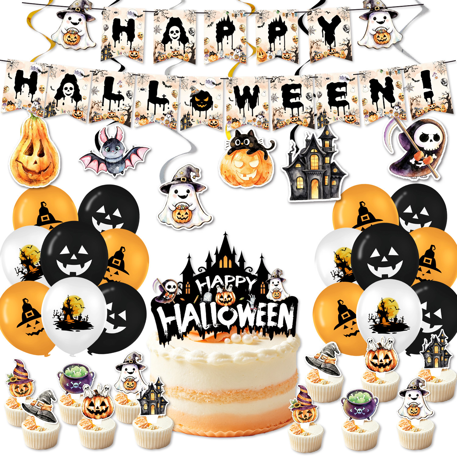 New Pumpkin Ghost Halloween Party Tableware Paper Plate Napkin Tablecloth Bunting Flag Cake Decoration