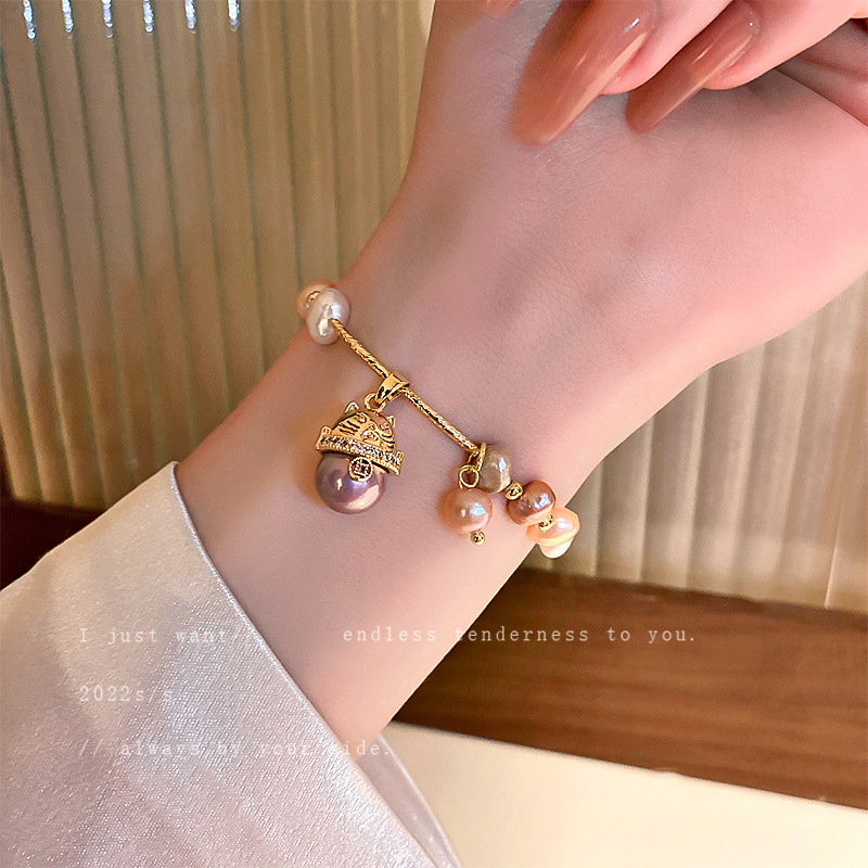 Baroque freshwater pearl zircon bracelet cat head bracelet hand jewelry for women