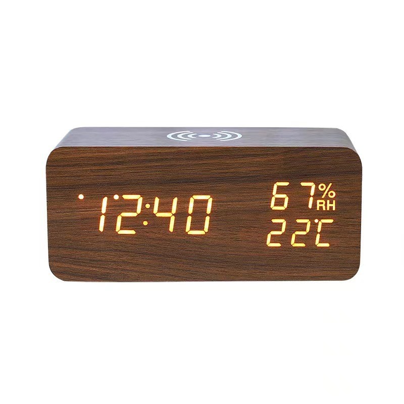Wireless charging alarm clock multifunctional LED electronic clock gift wooden clock night light silent student alarm clock