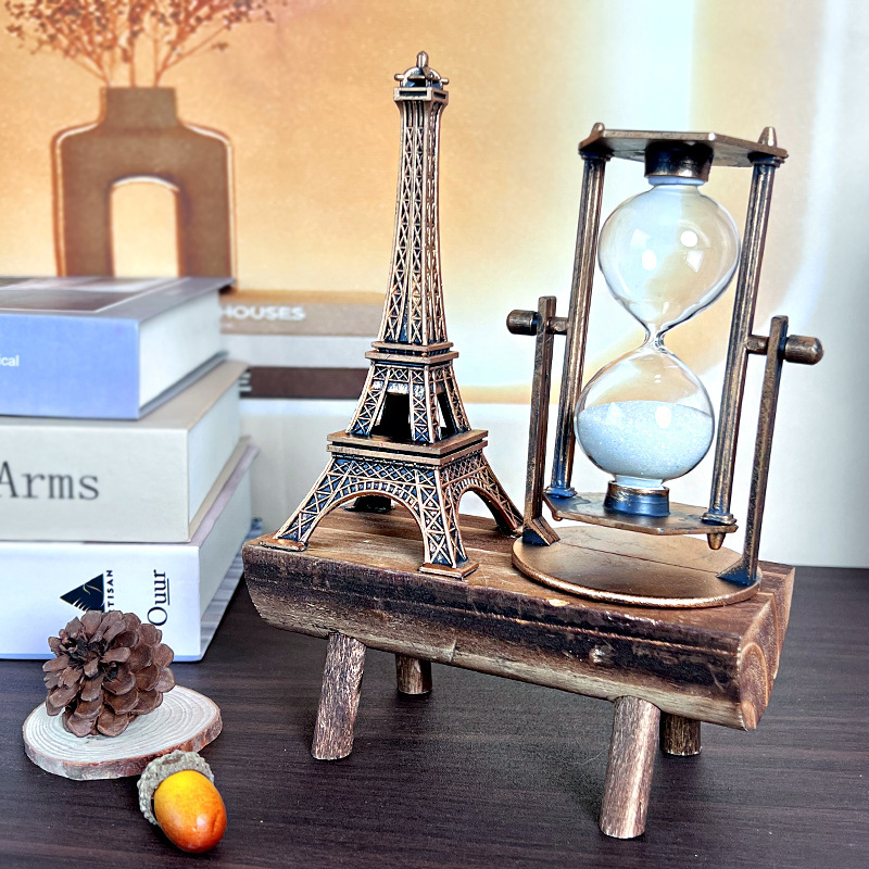 1047 Iron Tower Hourglass Ornament Simple Modern Home Study Wooden Base Hourglass Ornament