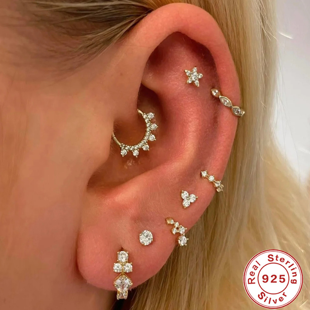 S925 sterling silver cartilage piercing diamond-set ear hoop ear buckle earring ear cartilage shien INS punk style ear bone clip
