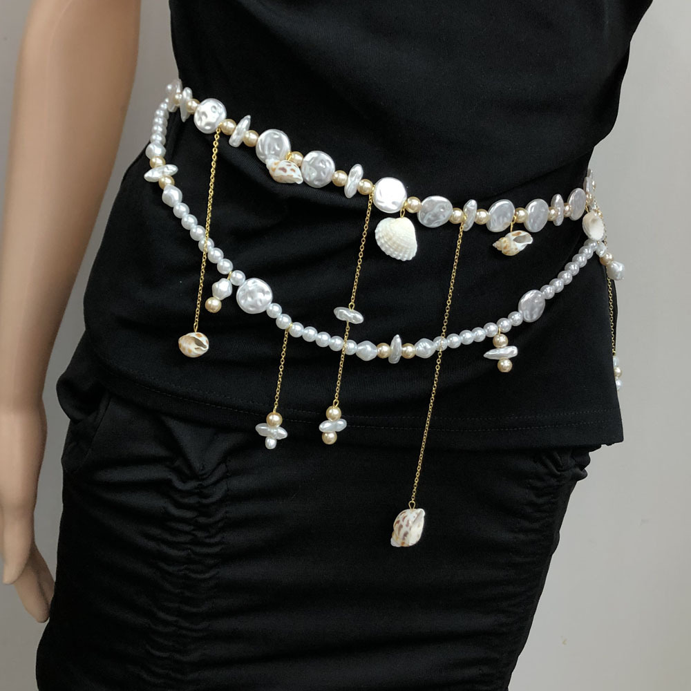 Beach Sand Pearl Shell Conch Tassel Double Layer Waist Chain Casual Vacation Style Small Waist Belt Decoration Women