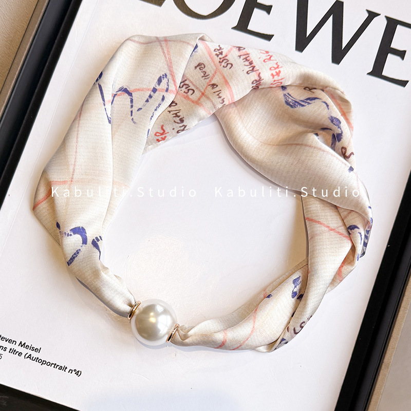 New neck protection pearl small silk scarf for women, two-piece set summer long strip magnetic buckle decorative pendant neck scarf simple wrap