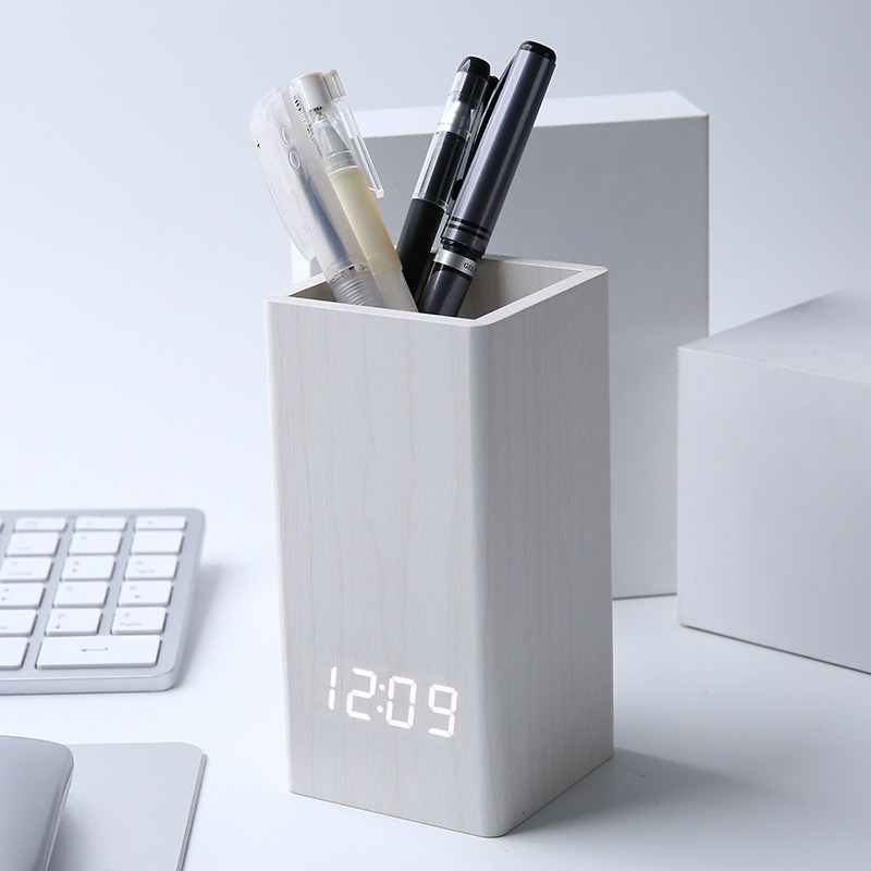 Factory sale office desk storage pen holder wooden clock, desktop silent electronic clock, LED time voice-activated alarm clock