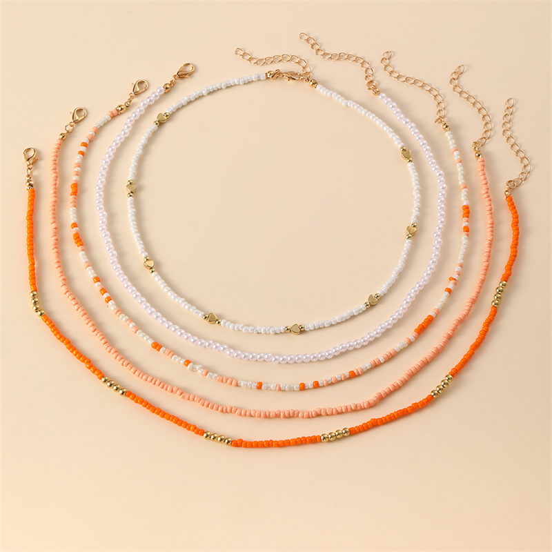 5-piece Set Random Seed Bead Heart Necklace Set Beach Season Seaside Party Women's Neck Accessory