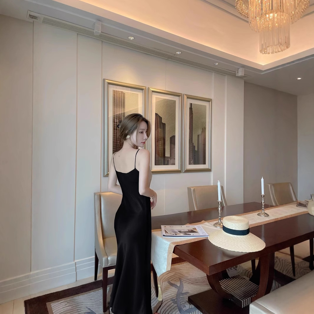 Strap acetate satin halter backless dress women spring and summer hip-hugging celebrity style fishtail skirt long skirt