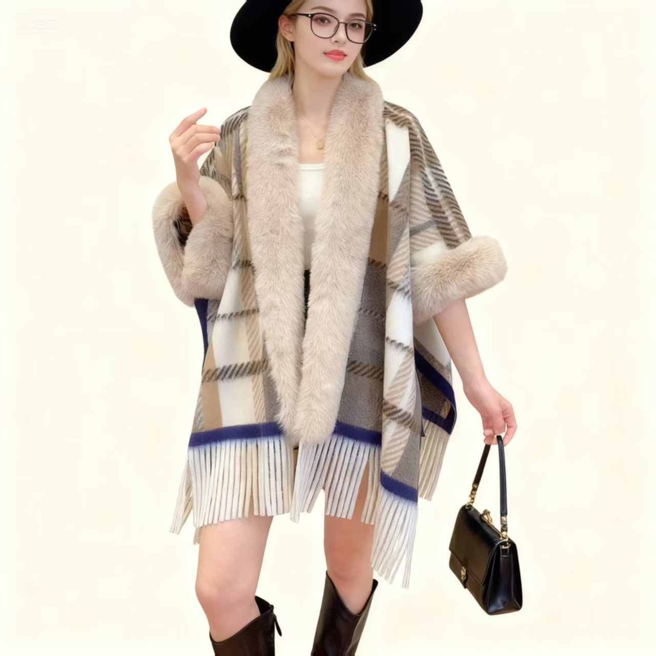 Available for Autumn and Winter Women's Casual Poncho Cape Plaid Fringe Coat Elegant Party