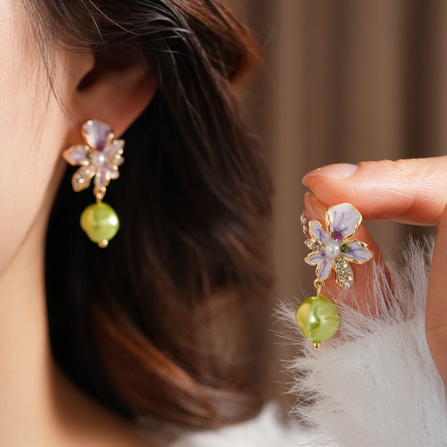 Enamel Crystal Flower Silver Needle Earrings for Women