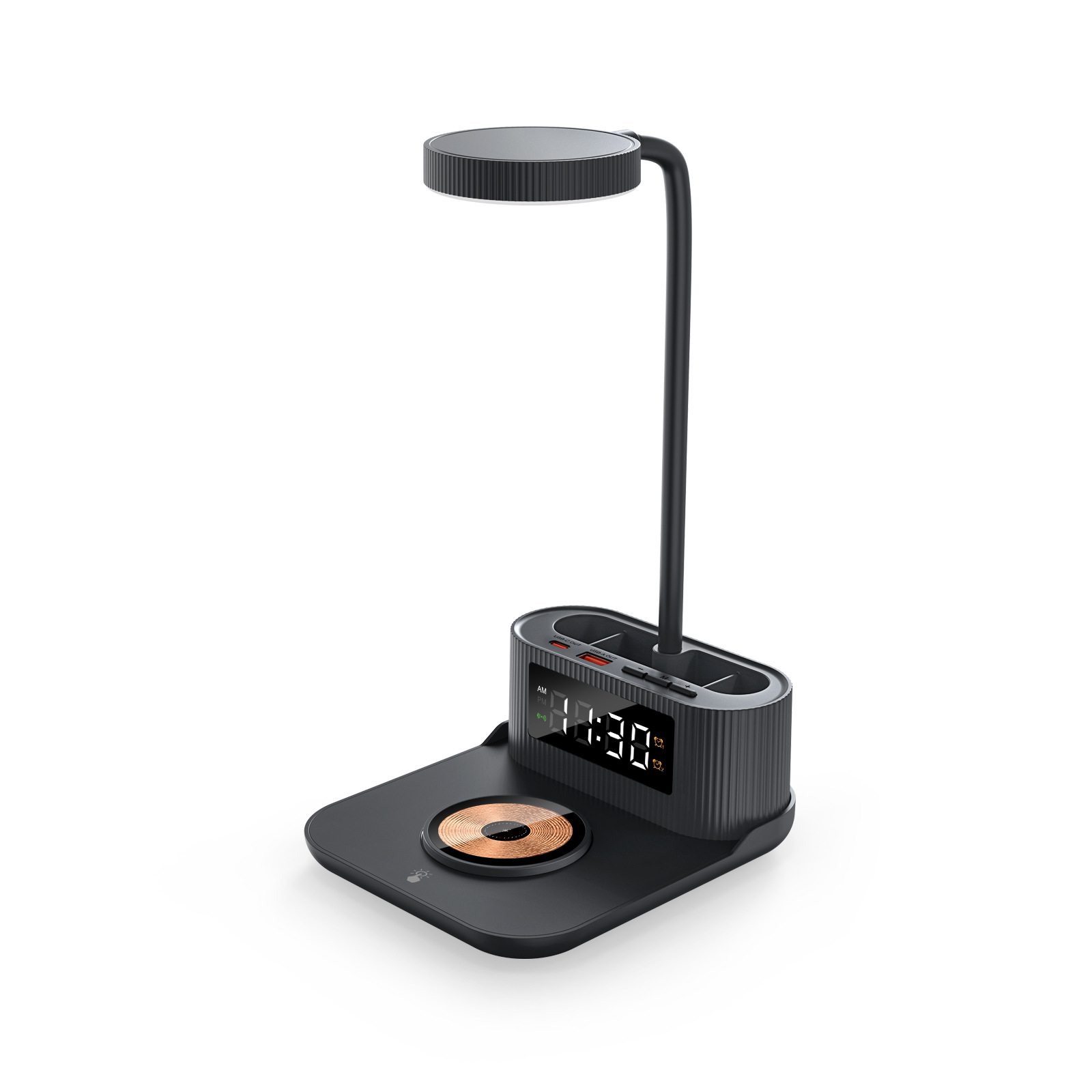 2024 New with Clock Alarm Pen Holder Desk Lamp Wireless Fast Charger 6-in-1 Multifunctional 15W Wireless Charger