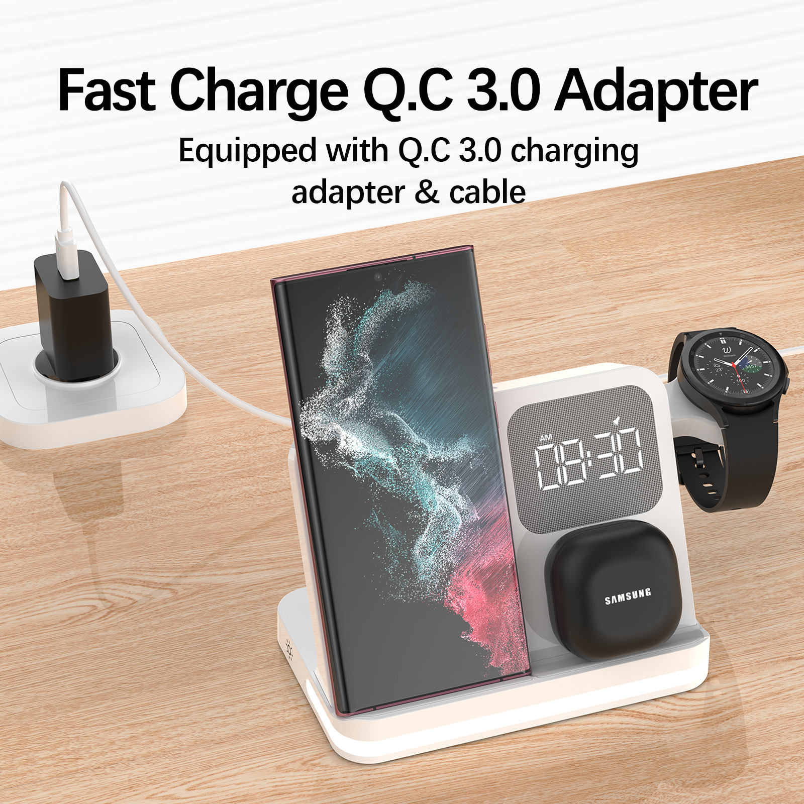 For Huawei Apple Samsung Phone Earphone Watch Clock Alarm Lamp 4-in-1 Wireless Charger