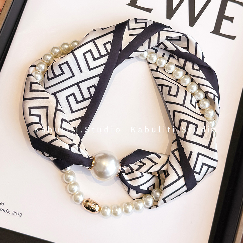 Magnetic buckle pearl necklace narrow small long strip silk scarf women neck protection matching shirt neck scarf gauze scarf thin scarf