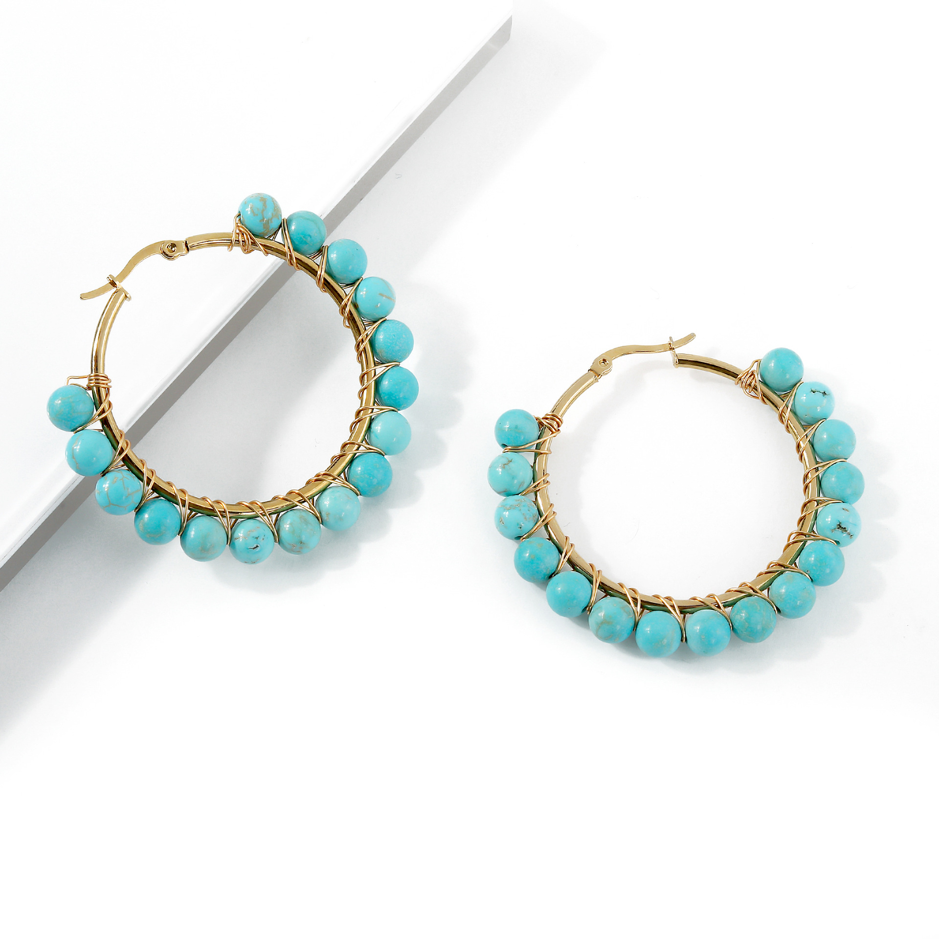 Multi Round Turquoise Earrings Stainless Steel Wrapped Natural Stone Women's Exaggerated Large Hoop Earrings