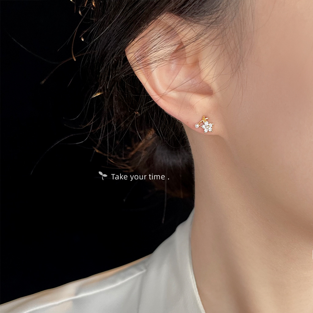 Mini version~Zircon small flower silver needle plated 14K sweet minimalist style commuting earrings