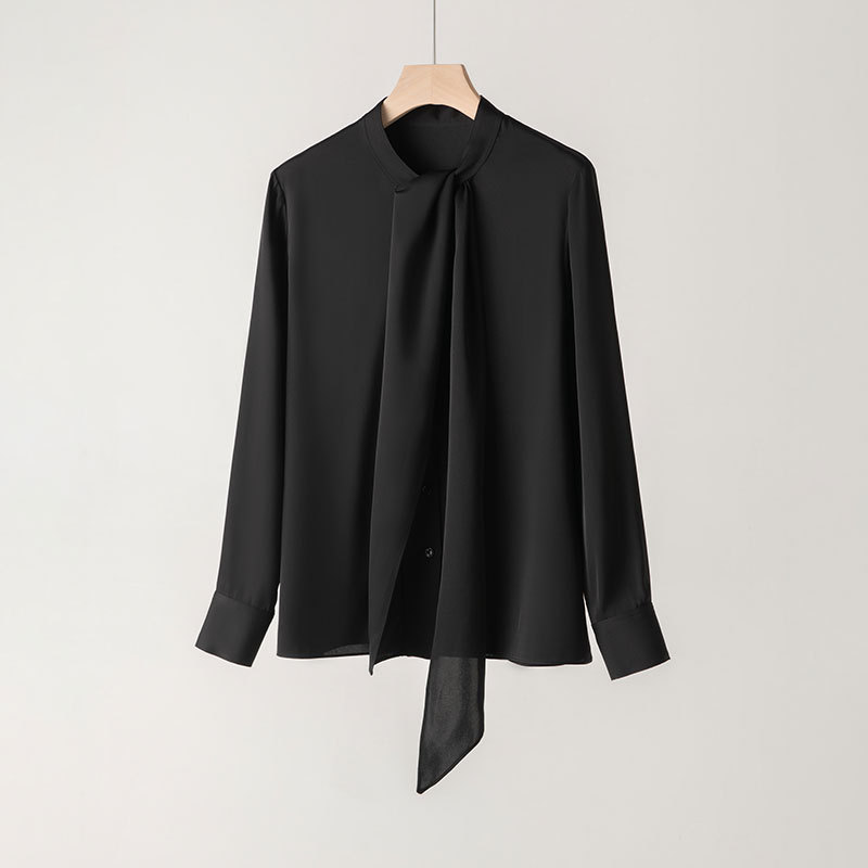 New Silk Blouse for Women Spring Long Sleeve Tie Mulberry Silk Shirt Mid-Length Solid Color Top