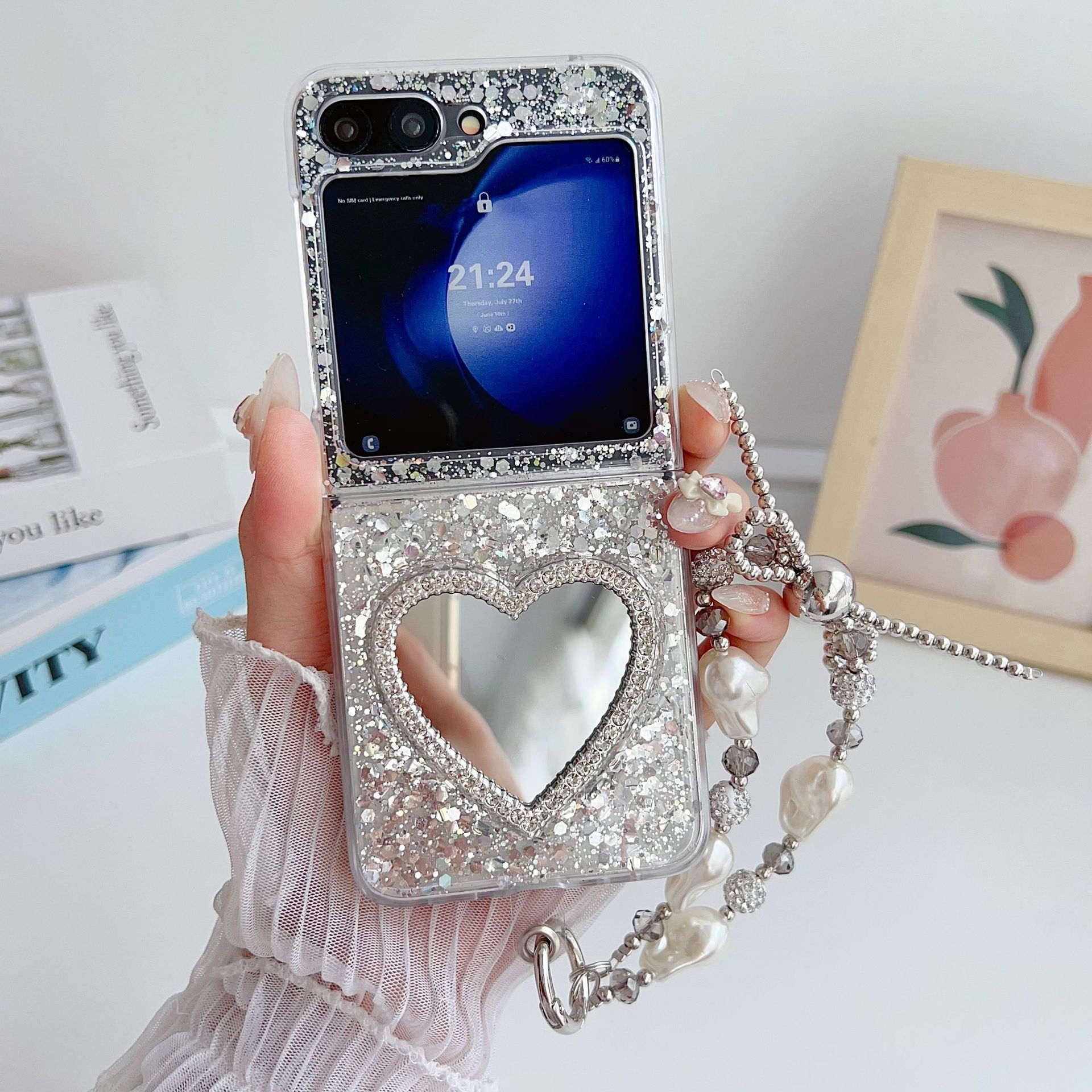 Glitter powder mirror compatible Galaxy zflip 8/7/6/4 phone case Samsung 5th generation folding protective case chain