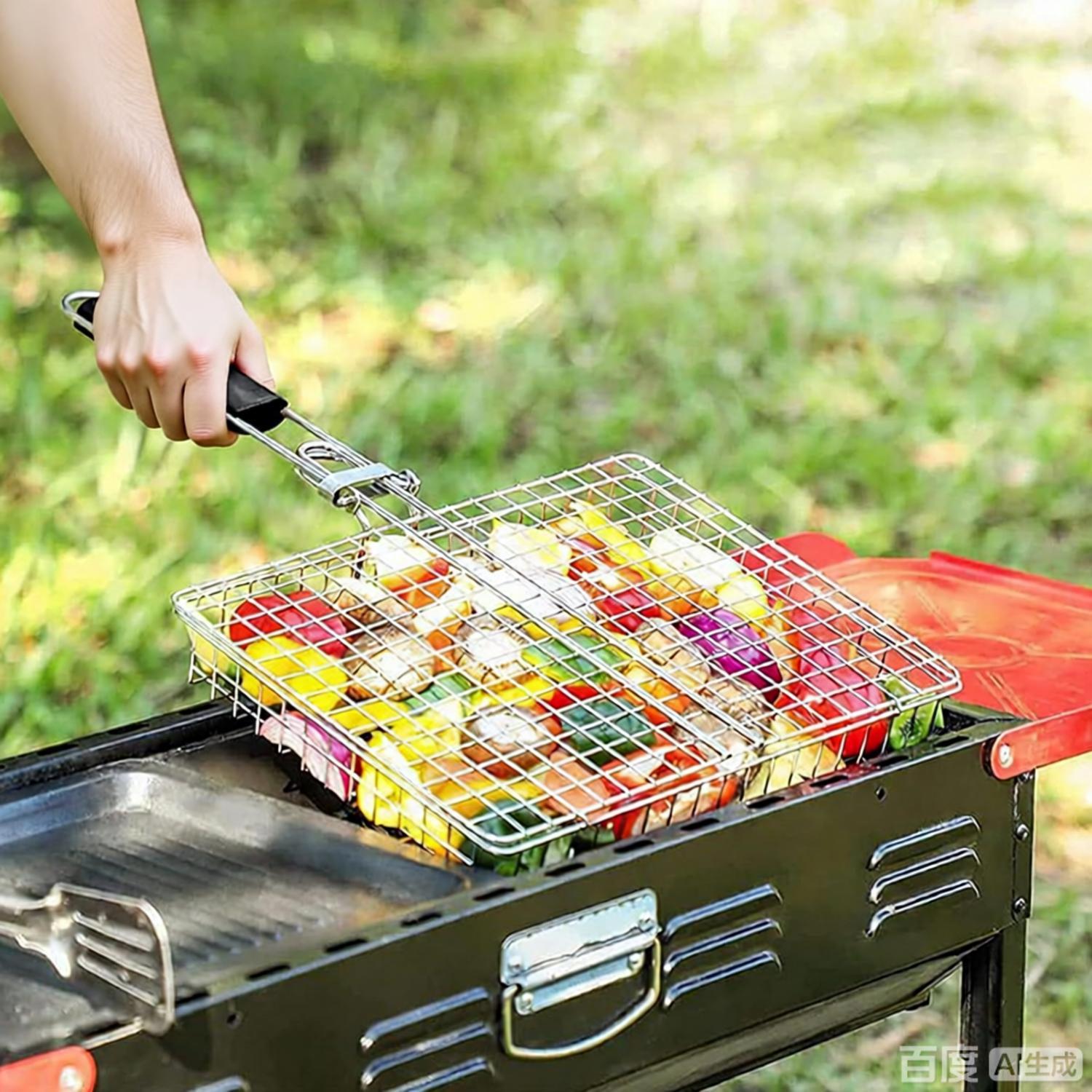 BBQ Stainless Steel Folding Handle Grill Tongs Outdoor Multi-functional BBQ Net Grilled Fish Vegetable Barbecue Tool