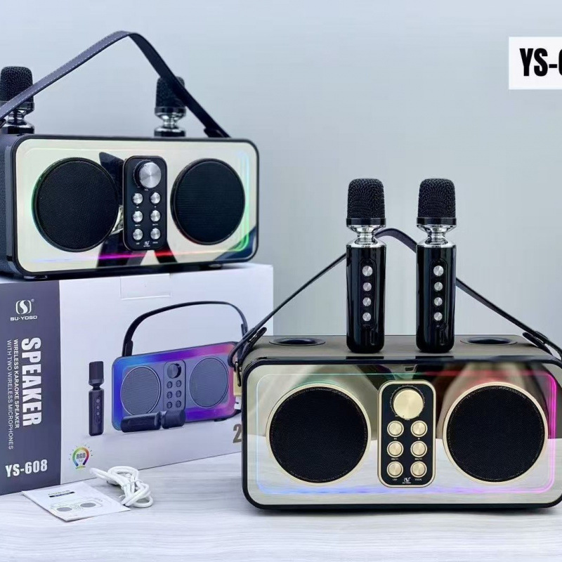 YS608 portable outdoor home leather grain high power 3600 mAh dual wireless mic K song speaker