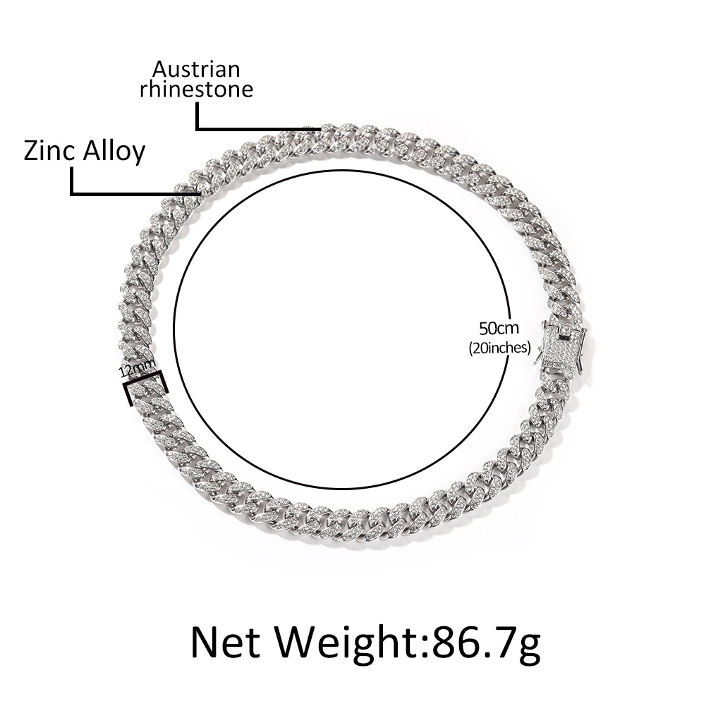 Vintage New Hip Hop New 12mm Alloy Diamond Men's Cuban Chain Street Niche Accessories