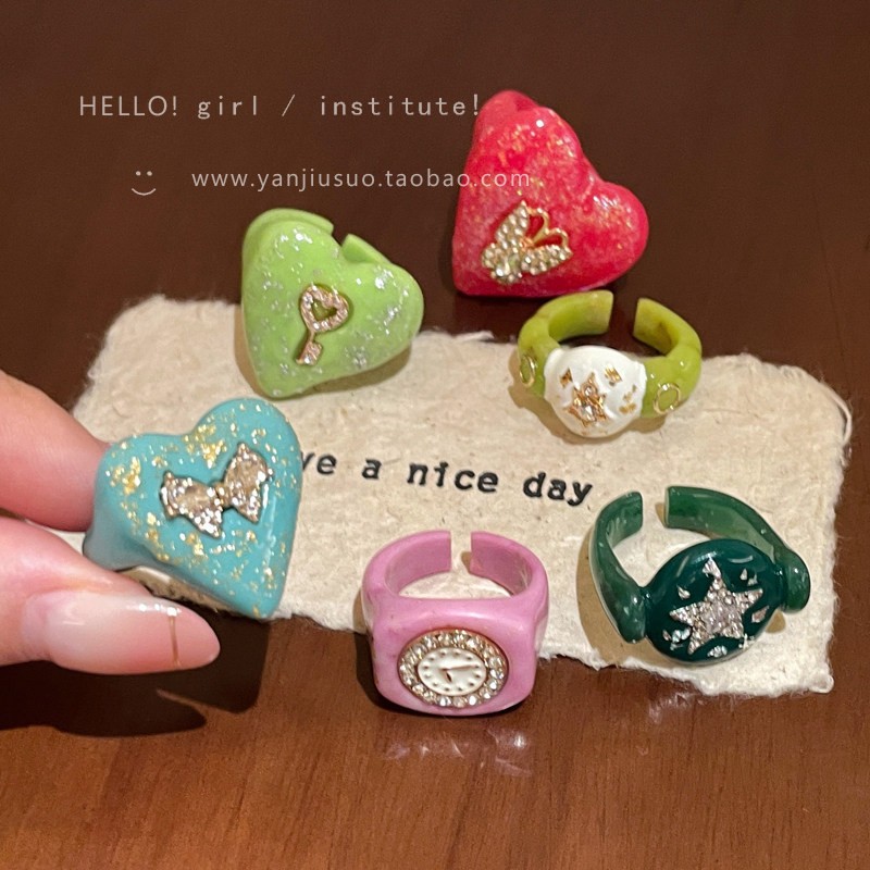 Cute Dopamine Love Geometric Ring for Women Fun Index Finger Ring Simple Colorful Ring