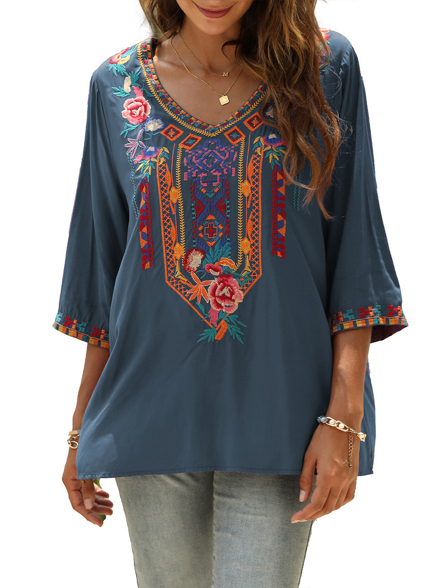 Women's heavy embroidery V-neck seven-point sleeve loose shirt #328