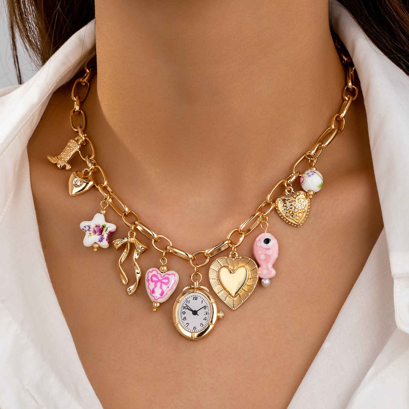 Qingdao Daiwei Accessories Clock Cherry Heart Pendant Necklace Summer Seaside Beach Cute Sweet Style Necklace