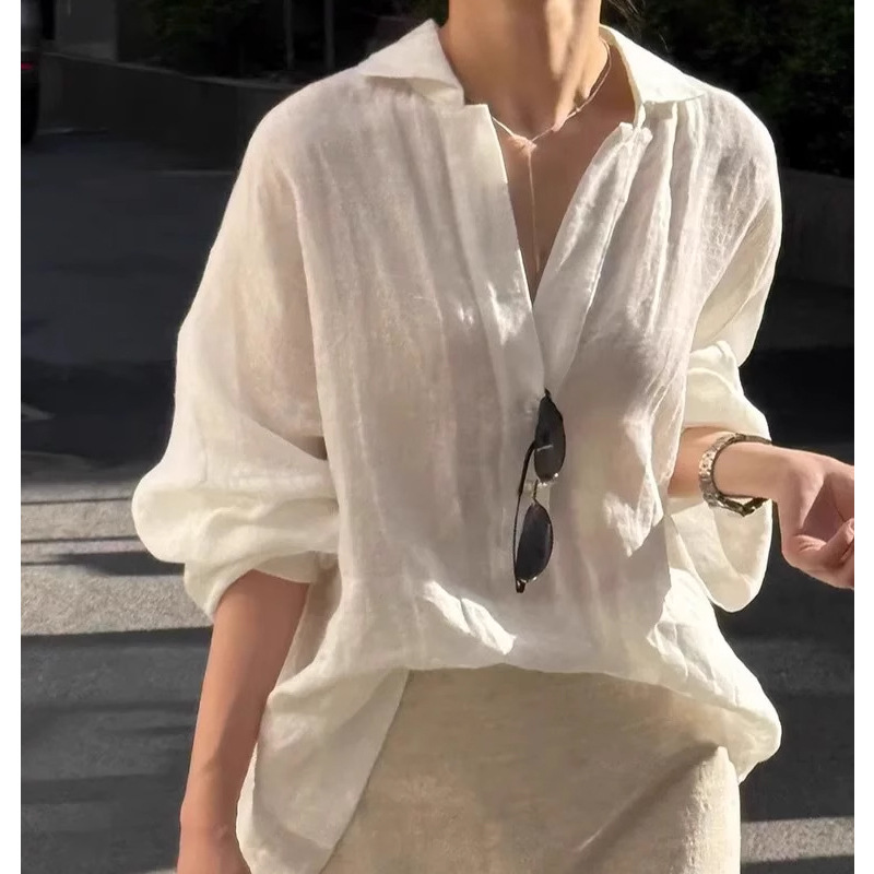 Self-Retained~ Casual White Linen Shirt Women's Summer Sun Protection Top