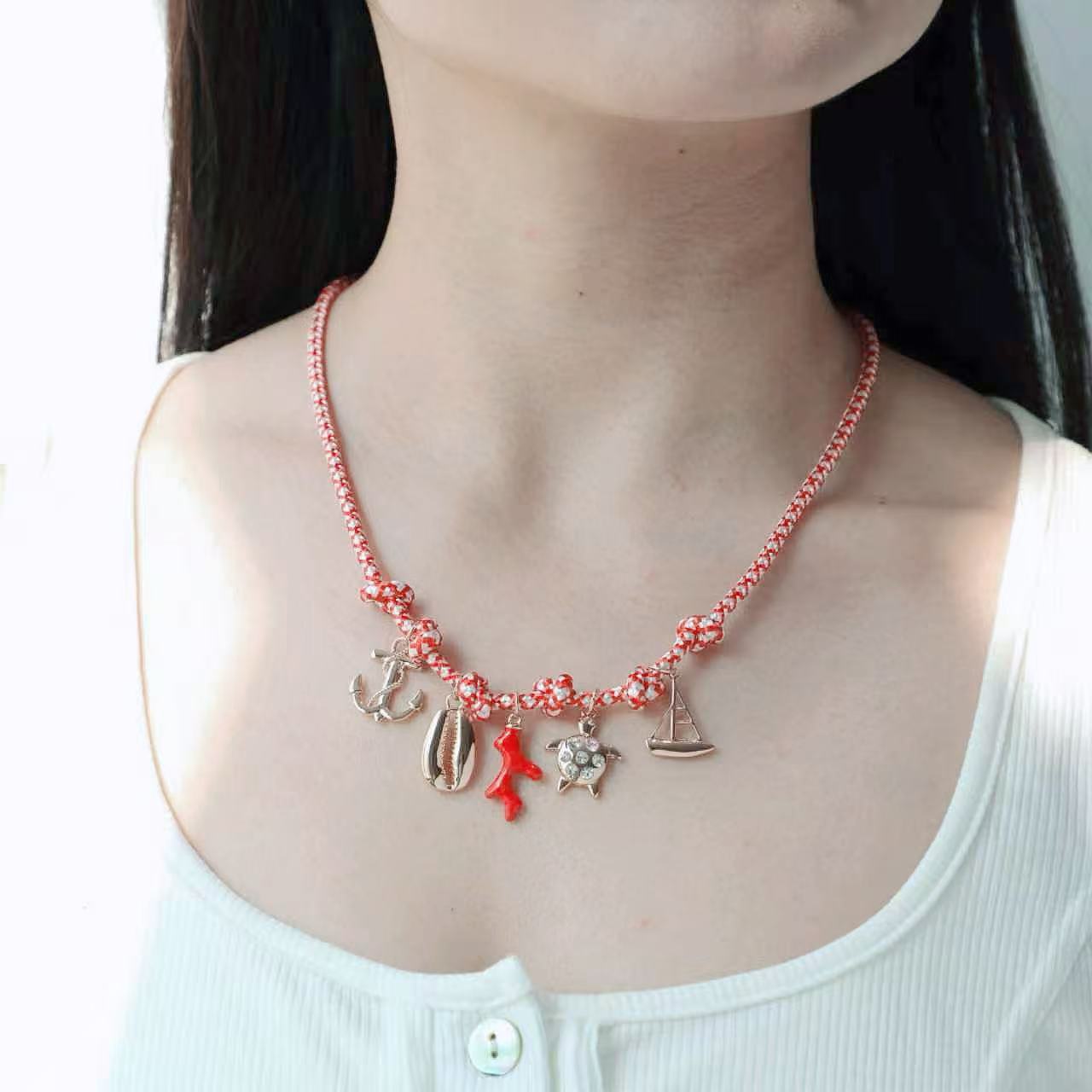 Kenjie colorful rope hand-woven necklace shell multi-pendant ocean vacation bohemian necklace