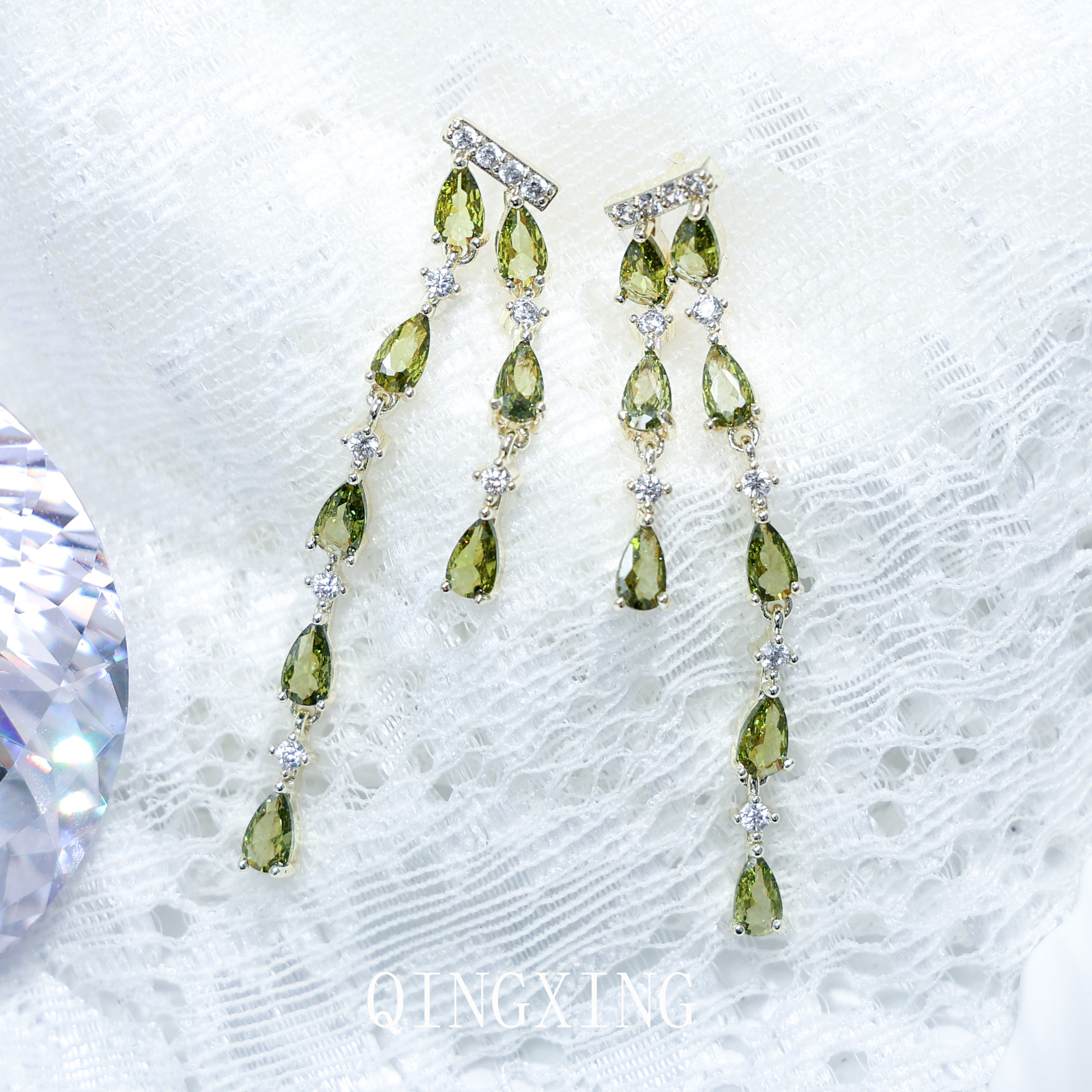 Fresh Small Olive Green Zirconia Tassel Earrings Long Drop Earrings Women's Ear Jewelry