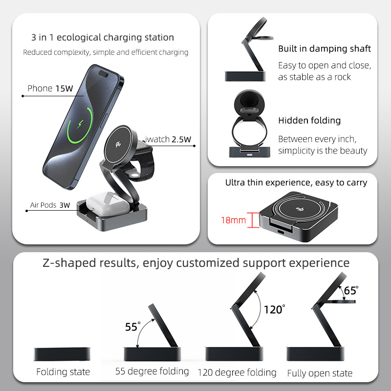 For iPhone16 magnetic stand wireless charger three-in-one Apple earphone watch charger 25W wireless charger