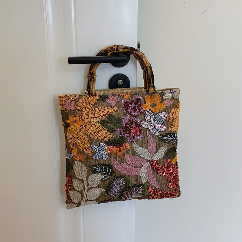New Linen Bamboo Knot Handle Bag 2024 New Women's Bag Embroidery Sequins Women's Handbag Evening Bag
