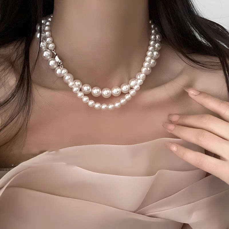 Swarovski Pearl Necklace for Women, Small Design Simple Clavicle Chain, Buckle Button, Sweater Chain