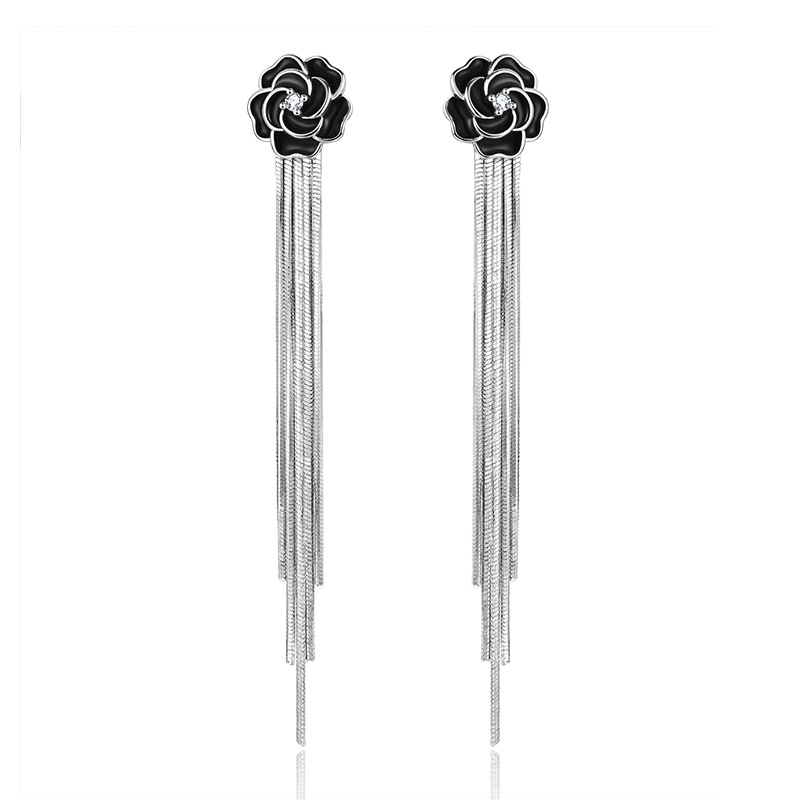Black rose earrings, long tassel earrings, new flower earrings