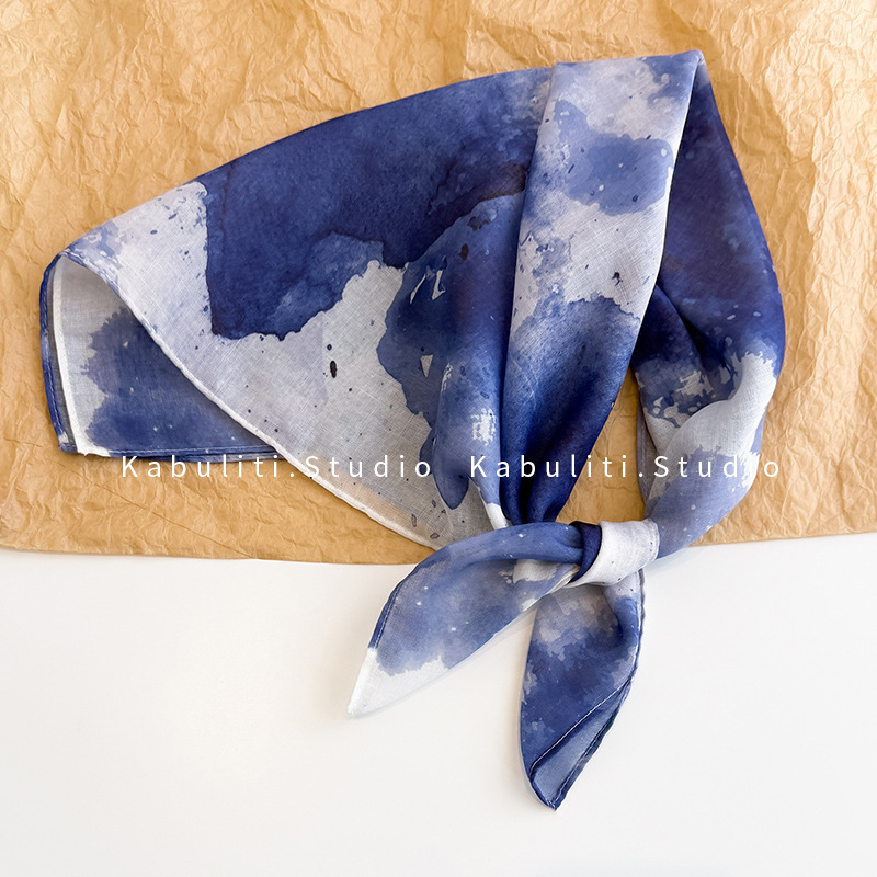 Yunnan tie-dye blue small square scarf, silk scarf for women, triangle headwrap sun protection, hair band, neck protection, thin gauze scarf