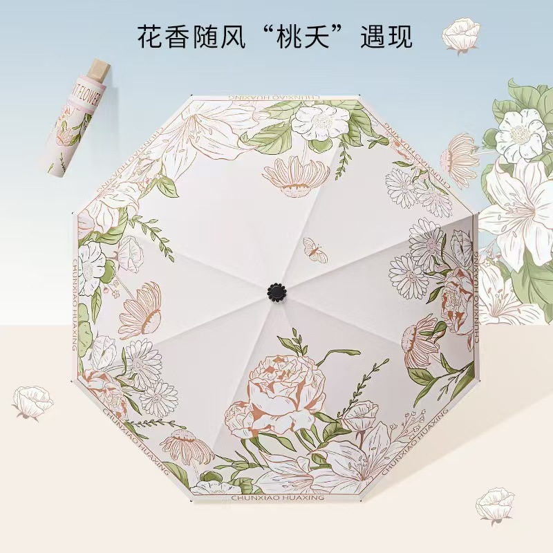 Three-Fold Rain Umbrella Eight-Rib Floral Manual Umbrella Black Glue Sunscreen Anti-Splash Portable Folding Sun and Rain Umbrella
