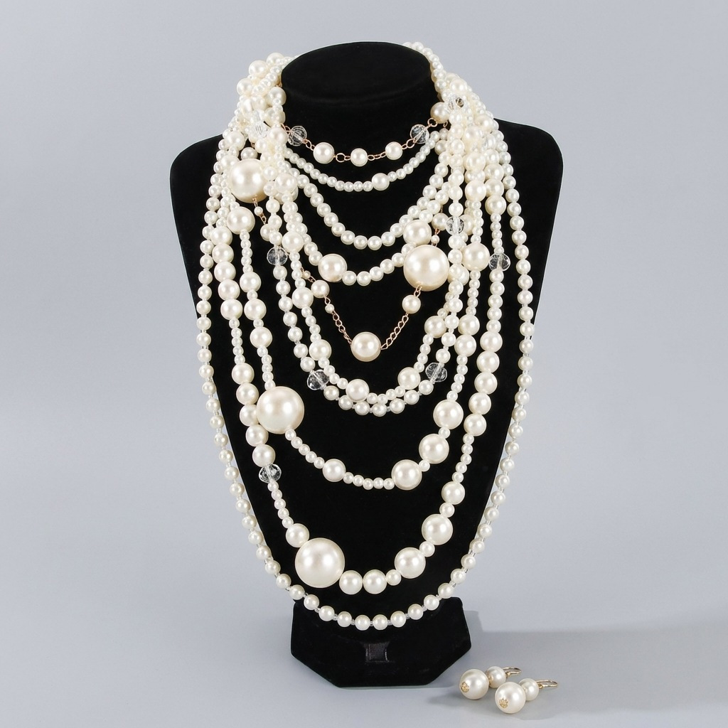Exaggerated Multi-layer Women Pearl Necklace Earring Set Long Women Beaded Sweater Chain