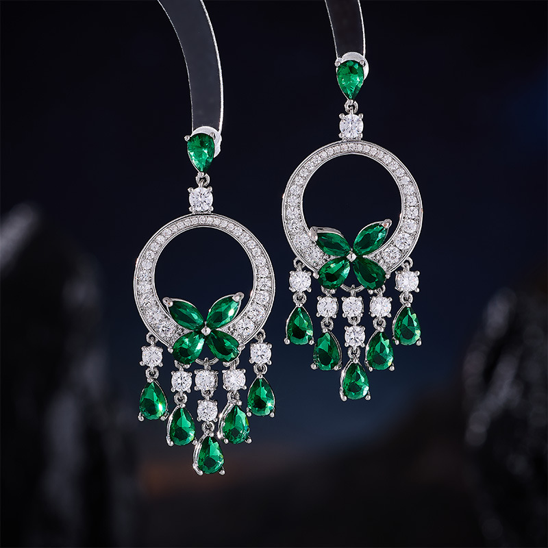 Micro-Inlaid Zircon Green Butterfly Tassel Heavy Craft Earrings s925 Silver Needle Dress Accessories