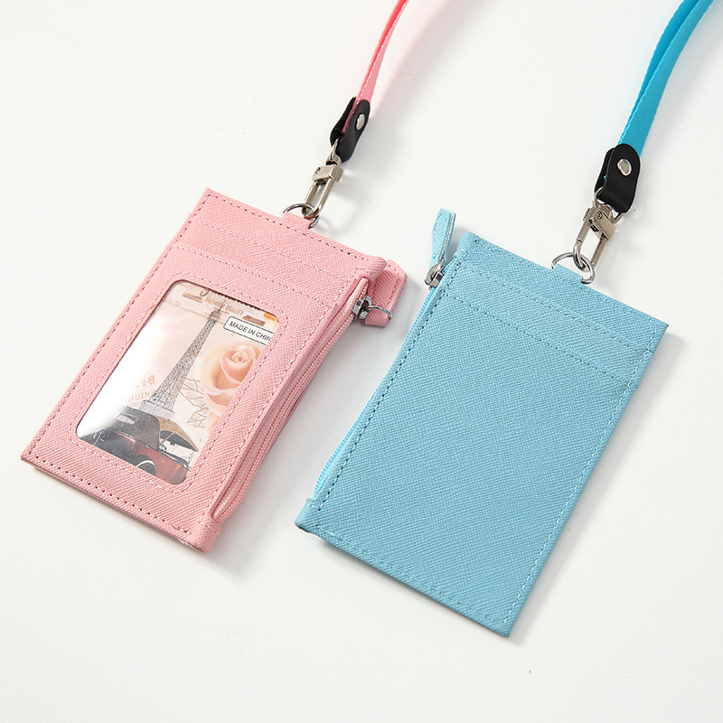 PU leather card holder with lanyard men and women card sleeve neck card holder card case coin purse multi-card slot simple card holder