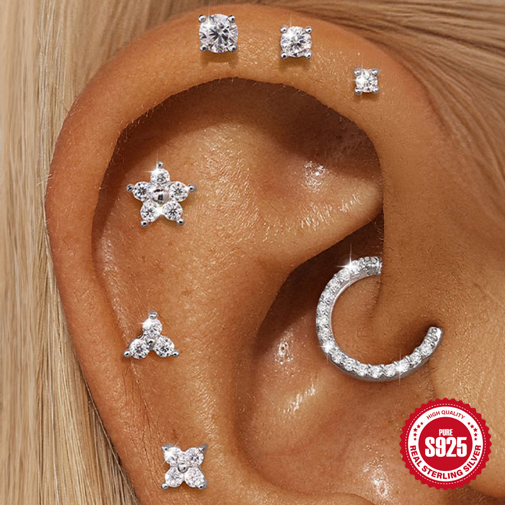 New S925 sterling silver four-claw moissanite flat head threaded cartilage ear stud ear bone stud