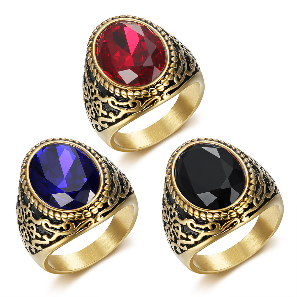Quality 18K Real Gold Gemstone Ring Men's Finger Ring Stainless Steel Accessory