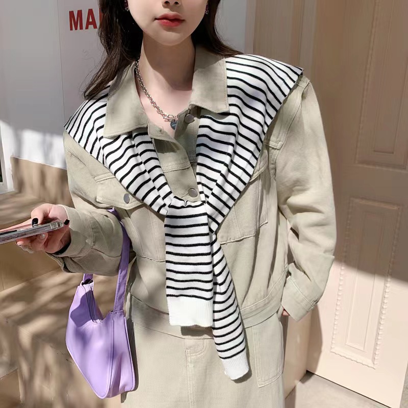 Thin simple striped shawl autumn and winter knitted scarf small cape outer fake collar