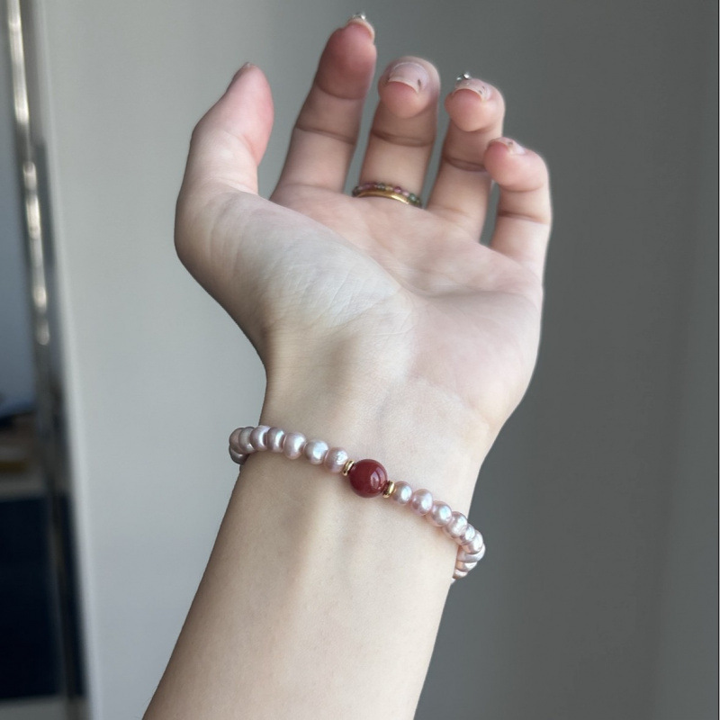 Natural freshwater pearl cinnabar bead bracelet women's purple gold sand whitening layered bracelet