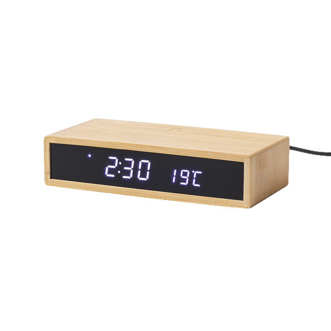 15W bamboo alarm clock wireless charging wooden digital display multifunctional desktop clock