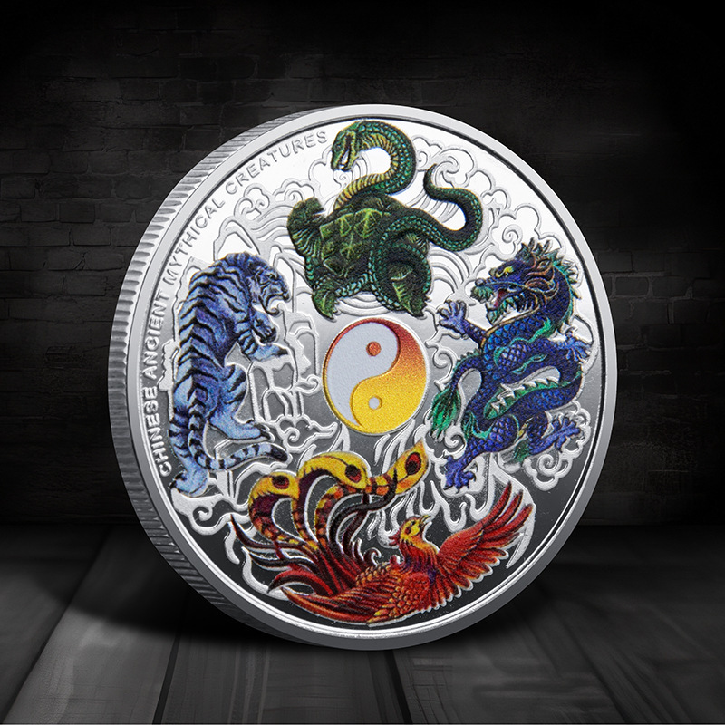 Colorful Four Divine Beasts Commemorative Medal Dragon and Tiger Fight 3D Relief Chinese Style Metal Commemorative Coin