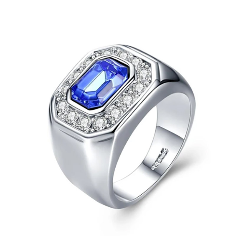 Blue Crystal Ring Simple Platinum-Plated Men Ring